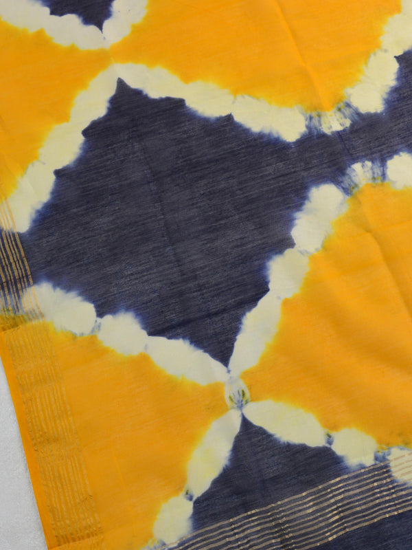 Handloom Mul Cotton Block Print Suit Set With Chanderi Dupatta-Blue & Yellow