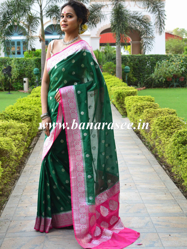 Banarasee Handwoven Faux Georgette Saree With Silver Zari Buti & Contrast Border Design-Green