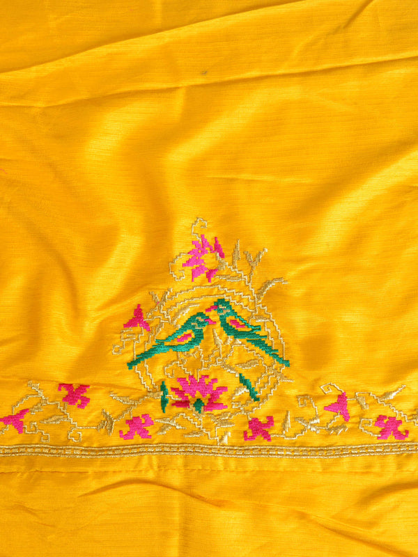 Banarasee Brasso Silk Patola Saree with Meena Border Design With Contrast Embroidered Blouse-Deep Green