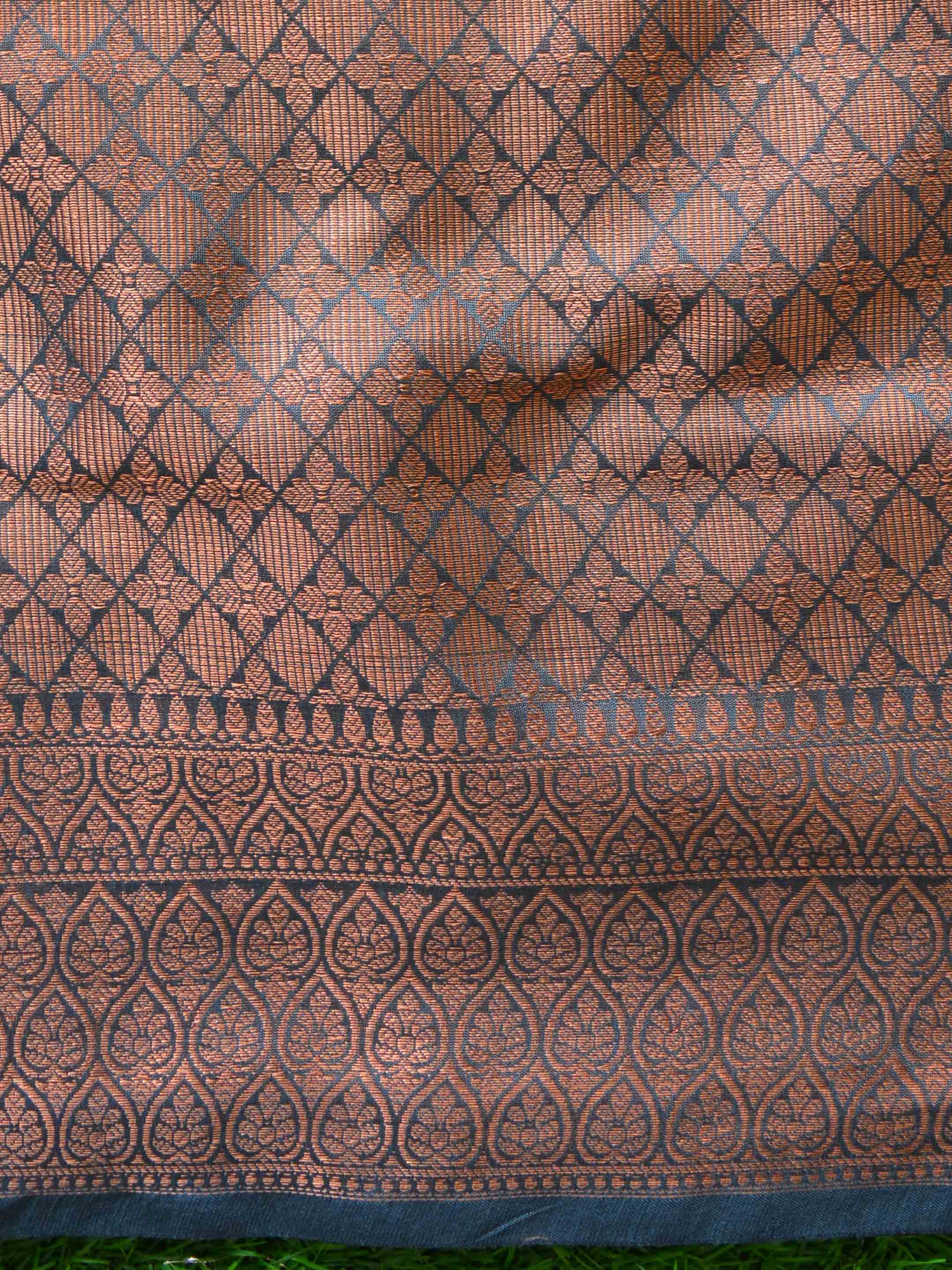Banarasee Cotton Silk Saree With Copper Zari Buta & Border-Blue