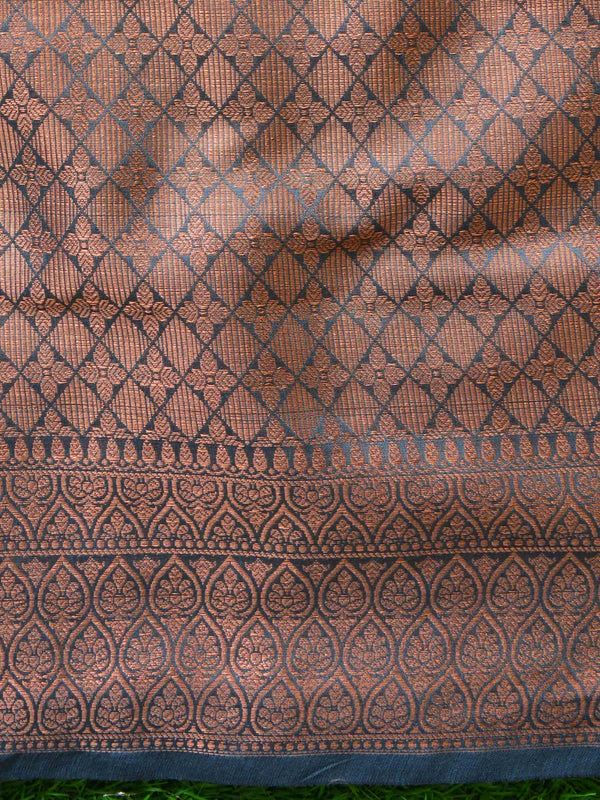 Banarasee Cotton Silk Saree With Copper Zari Buta & Border-Blue