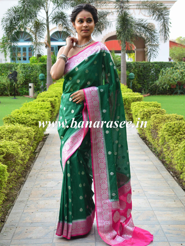 Banarasee Handwoven Faux Georgette Saree With Silver Zari Buti & Contrast Border Design-Green