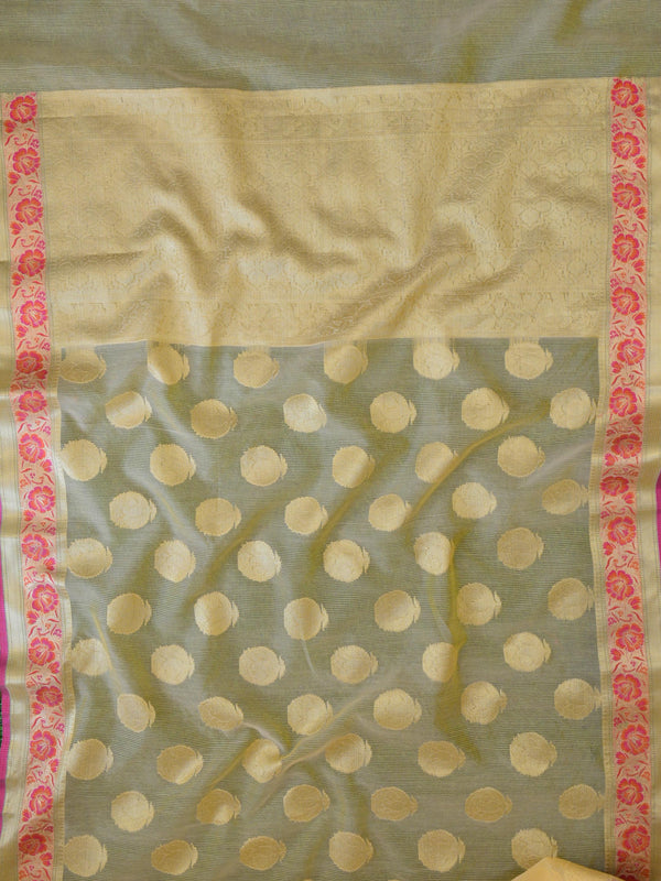 Banarasee Cotton Silk Mix Kota Checks Saree With Meena Floral Border-Ivory White
