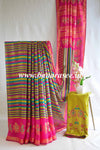 Banarasee Brasso Silk Patola Saree with Meena Border Design With Contrast Embroidered Blouse-Multicolor