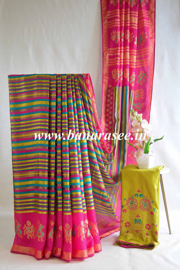 Banarasee Brasso Silk Patola Saree with Meena Border Design With Contrast Embroidered Blouse-Multicolor