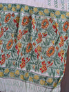 Handloom Mul Cotton Handblock Printed Suit Set With Chiffon Dupatta-White & Green