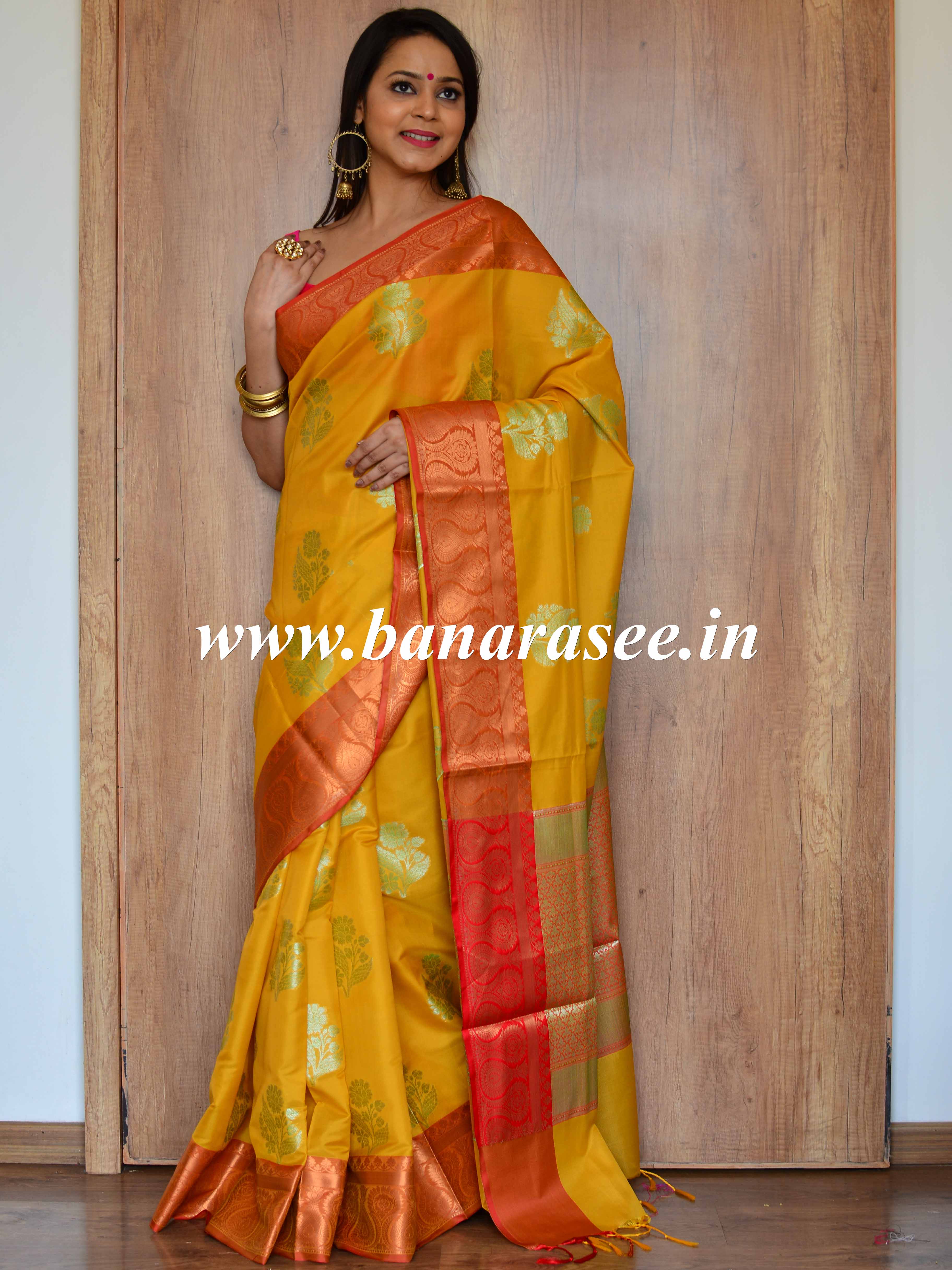 Banarasee Handloom Linen Silk Mix Antique Zari Buta Saree-Yellow