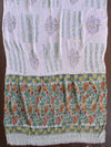 Handloom Mul Cotton Handblock Printed Suit Set With Chiffon Dupatta-White & Green