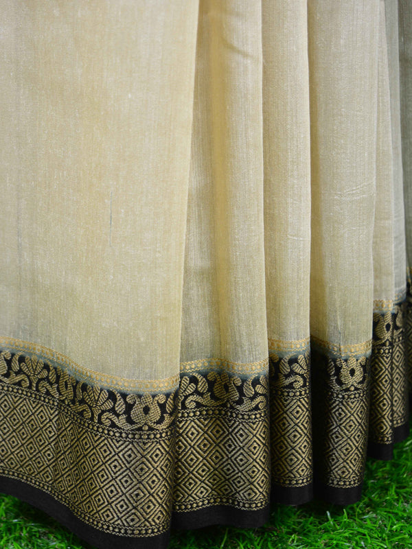 Banarasee Handwoven Pure Muga Silk Sari With Floral Border & Pallu-Off White