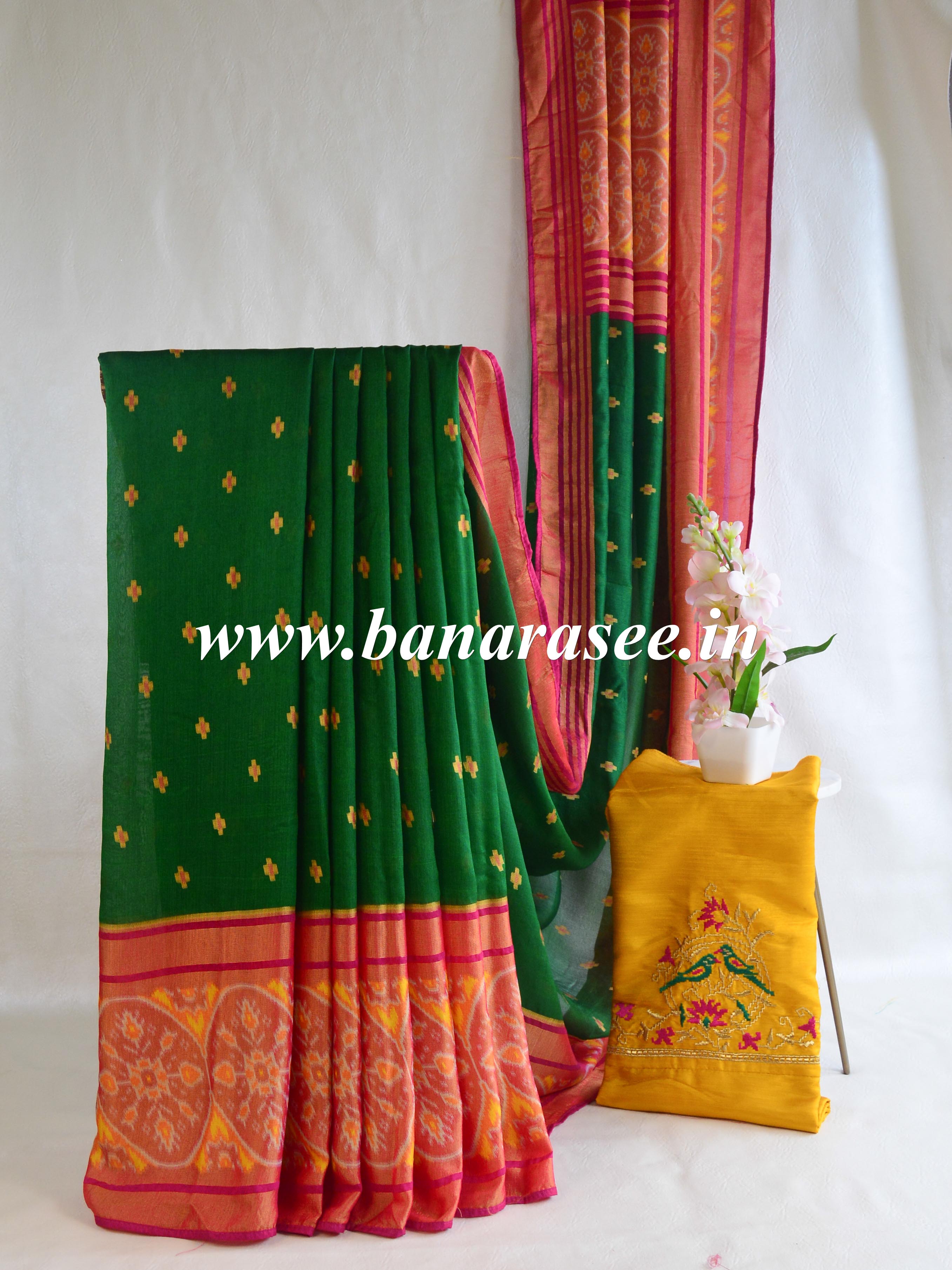 Banarasee Brasso Silk Patola Saree with Meena Border Design With Contrast Embroidered Blouse-Deep Green