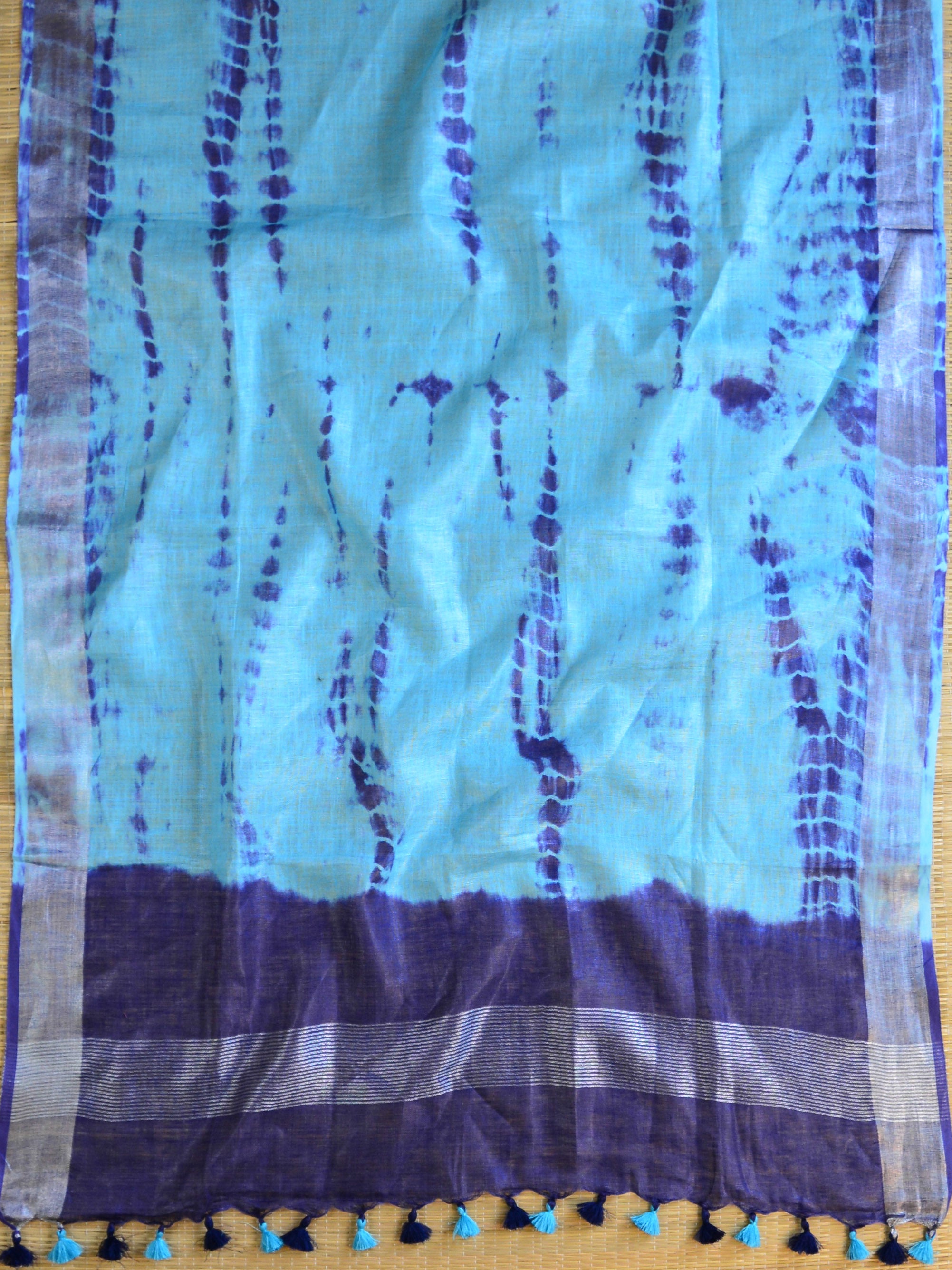 Bhagalpuri Pure Ikkat Kameez With Linen Cotton Shibori Dupatta-Blue