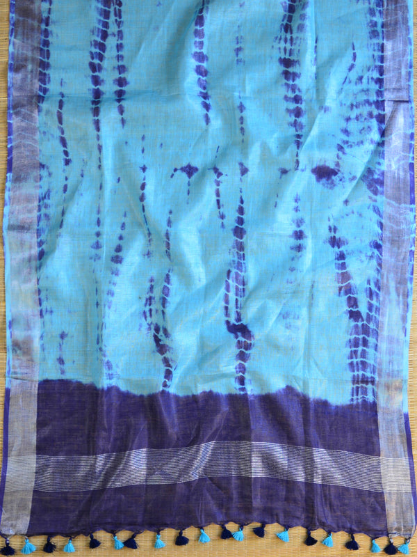 Bhagalpuri Pure Ikkat Kameez With Linen Cotton Shibori Dupatta-Blue
