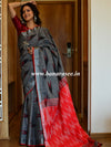 Banarasee Linen Cotton Ikkat woven Saree-Grey & Red