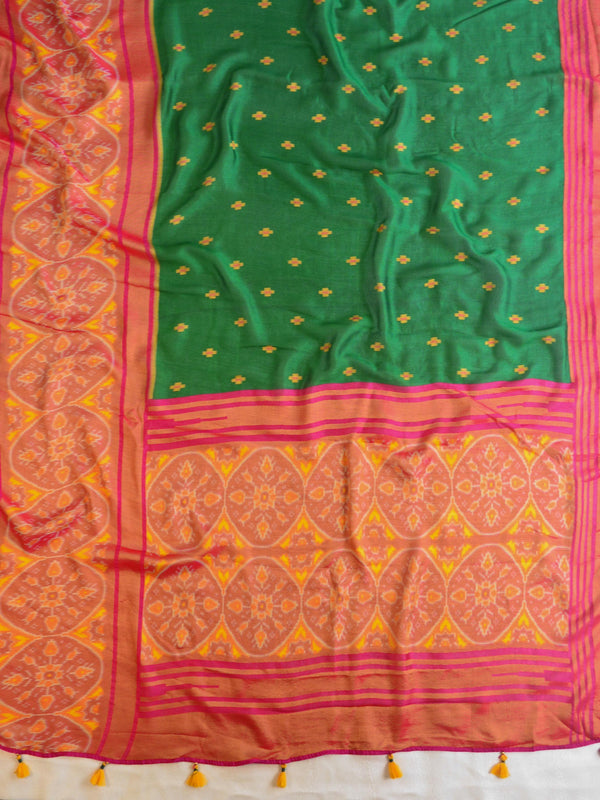 Banarasee Brasso Silk Patola Saree with Meena Border Design With Contrast Embroidered Blouse-Deep Green