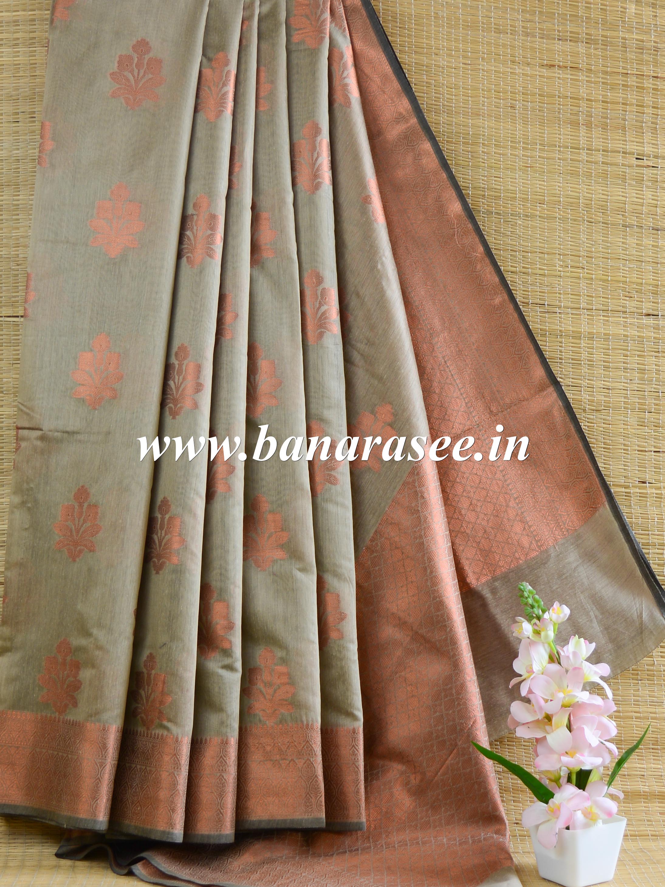 Banarasee Cotton Silk Saree With Copper Zari Buta & Border-Grey