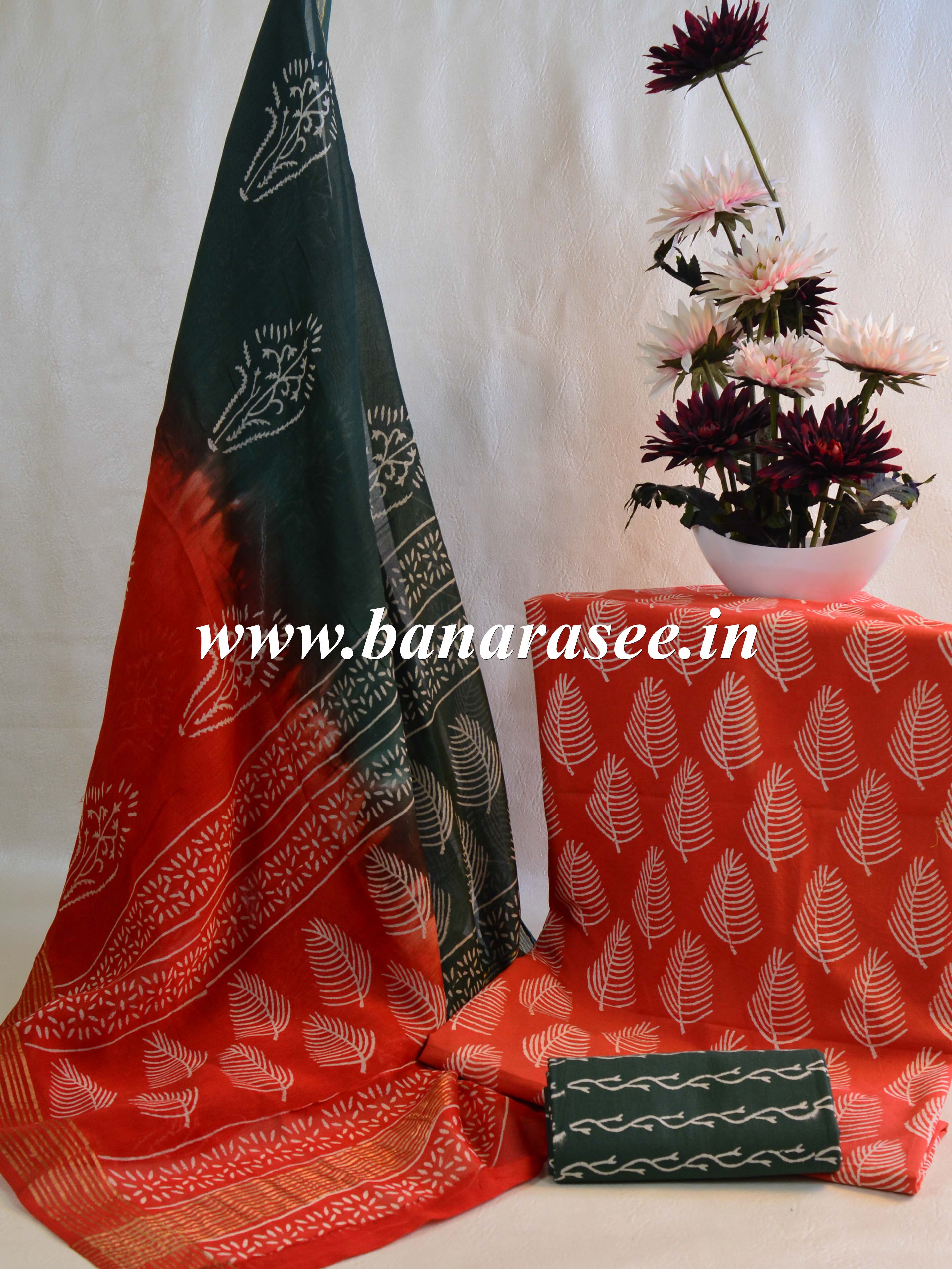 Handloom Mul Cotton Block Print Suit Set With Chanderi Dupatta-Red & Green