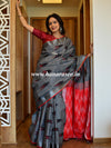 Banarasee Linen Cotton Ikkat woven Saree-Grey & Red