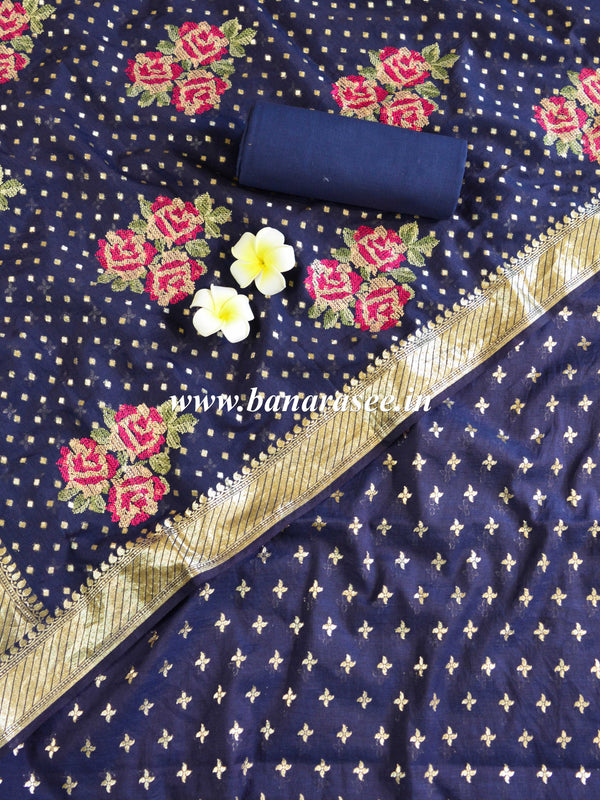 Banarasee Handloom Chanderi Cotton Zari Work Salwar Kameez With Embroidered Dupatta Set-Blue