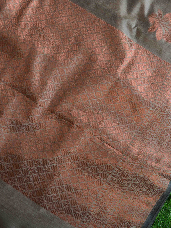 Banarasee Cotton Silk Saree With Copper Zari Buta & Border-Grey