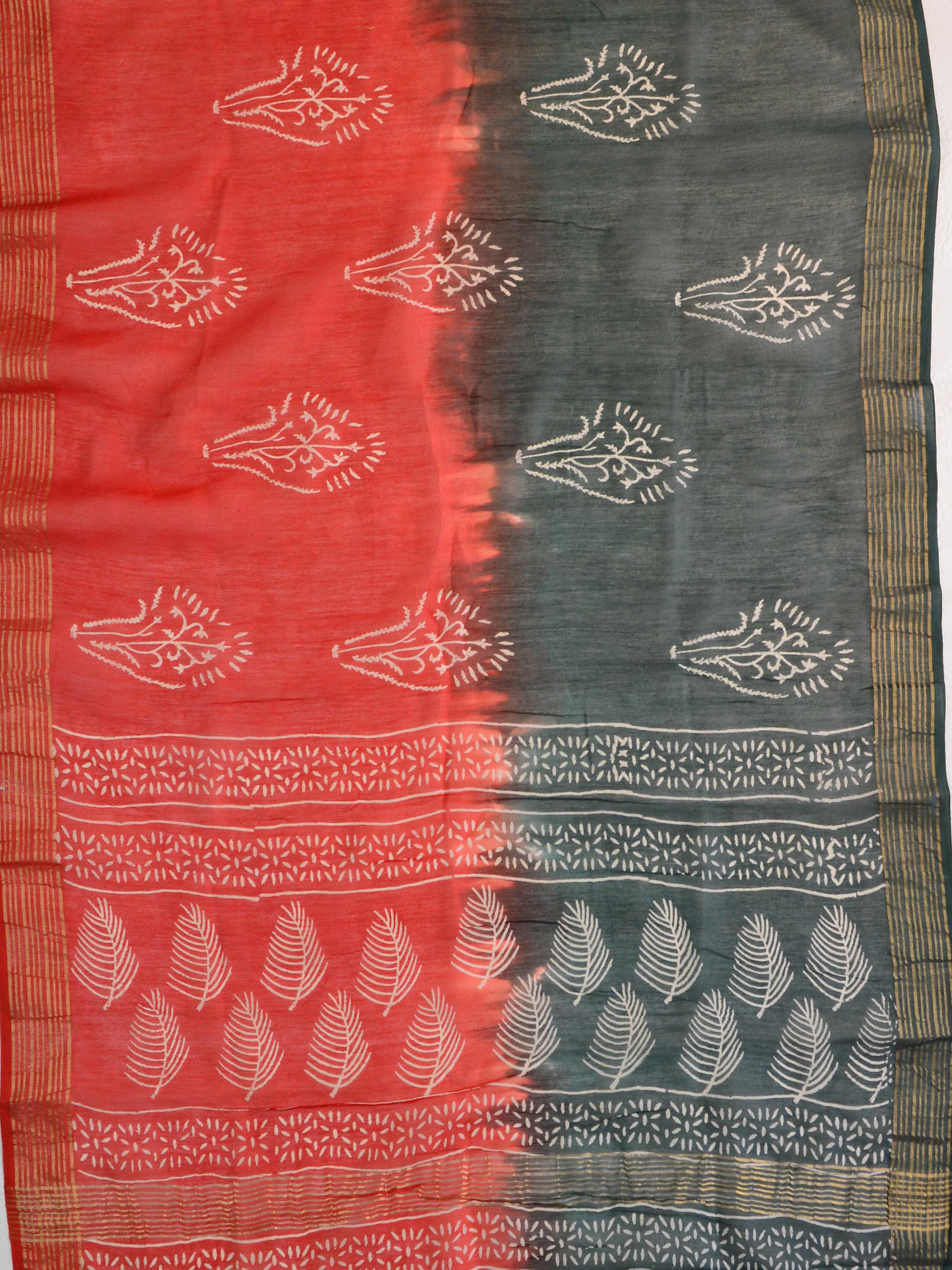 Handloom Mul Cotton Block Print Suit Set With Chanderi Dupatta-Red & Green