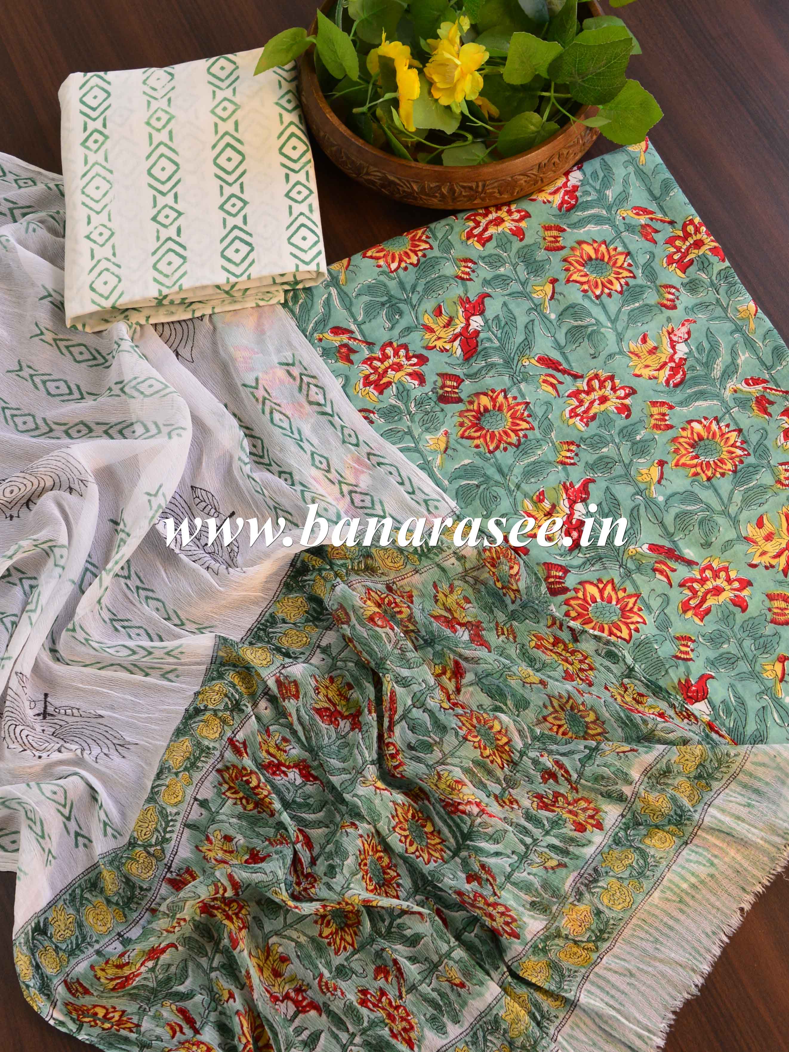 Handloom Mul Cotton Handblock Printed Suit Set With Chiffon Dupatta-White & Green