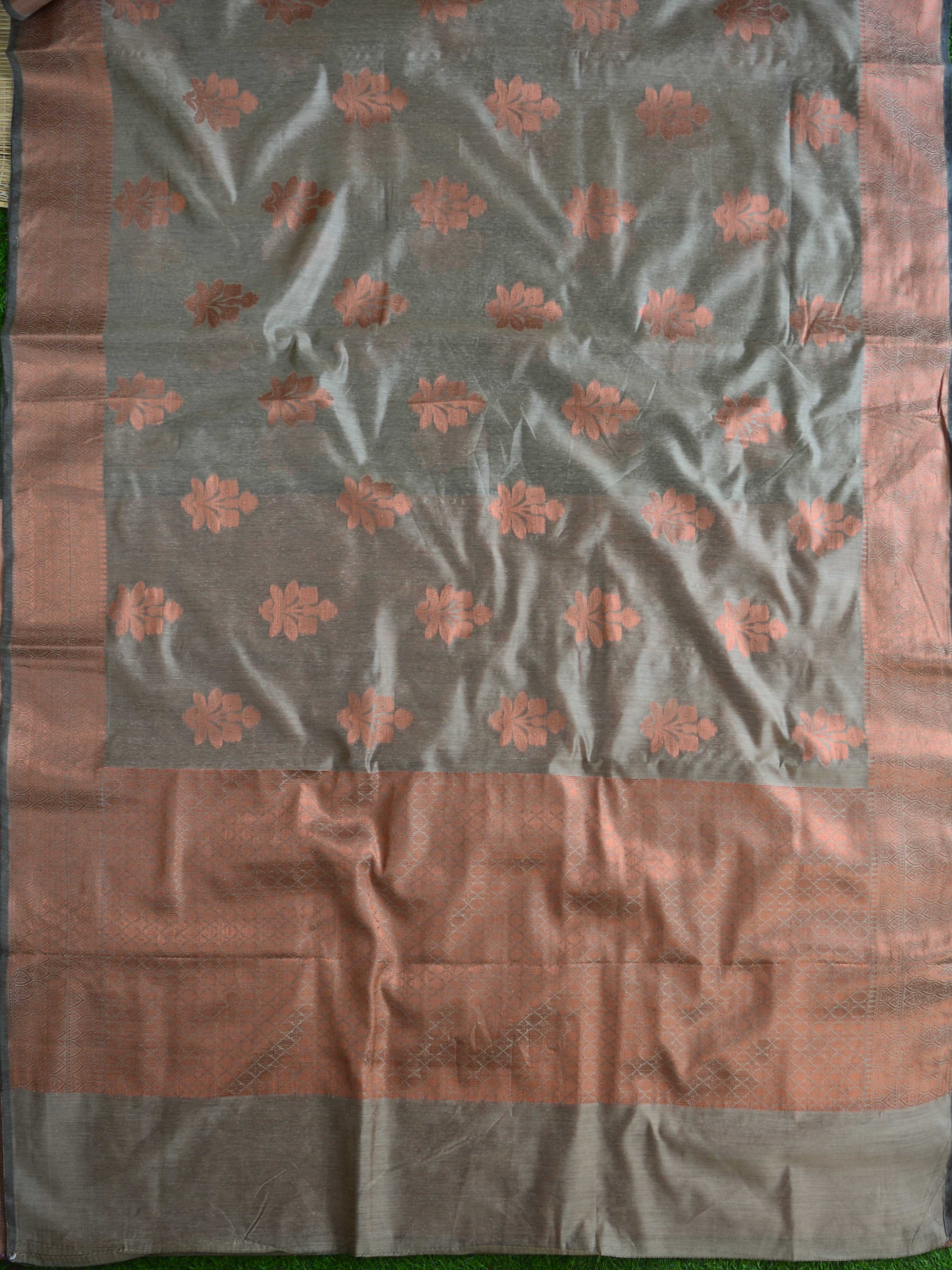 Banarasee Cotton Silk Saree With Copper Zari Buta & Border-Grey