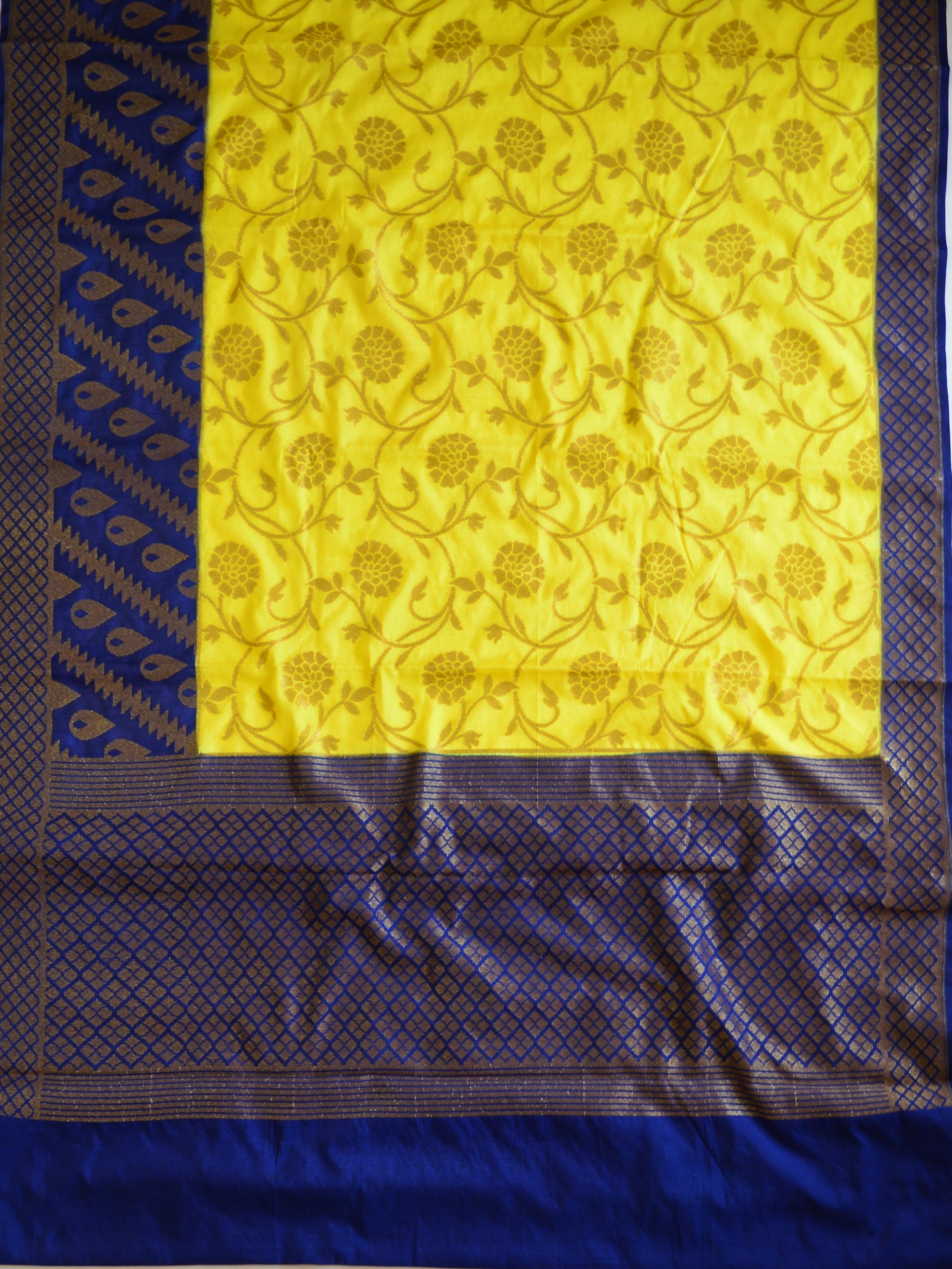 Banarasee Handwoven Semi Silk Saree With Contrast Border-Yellow & Blue