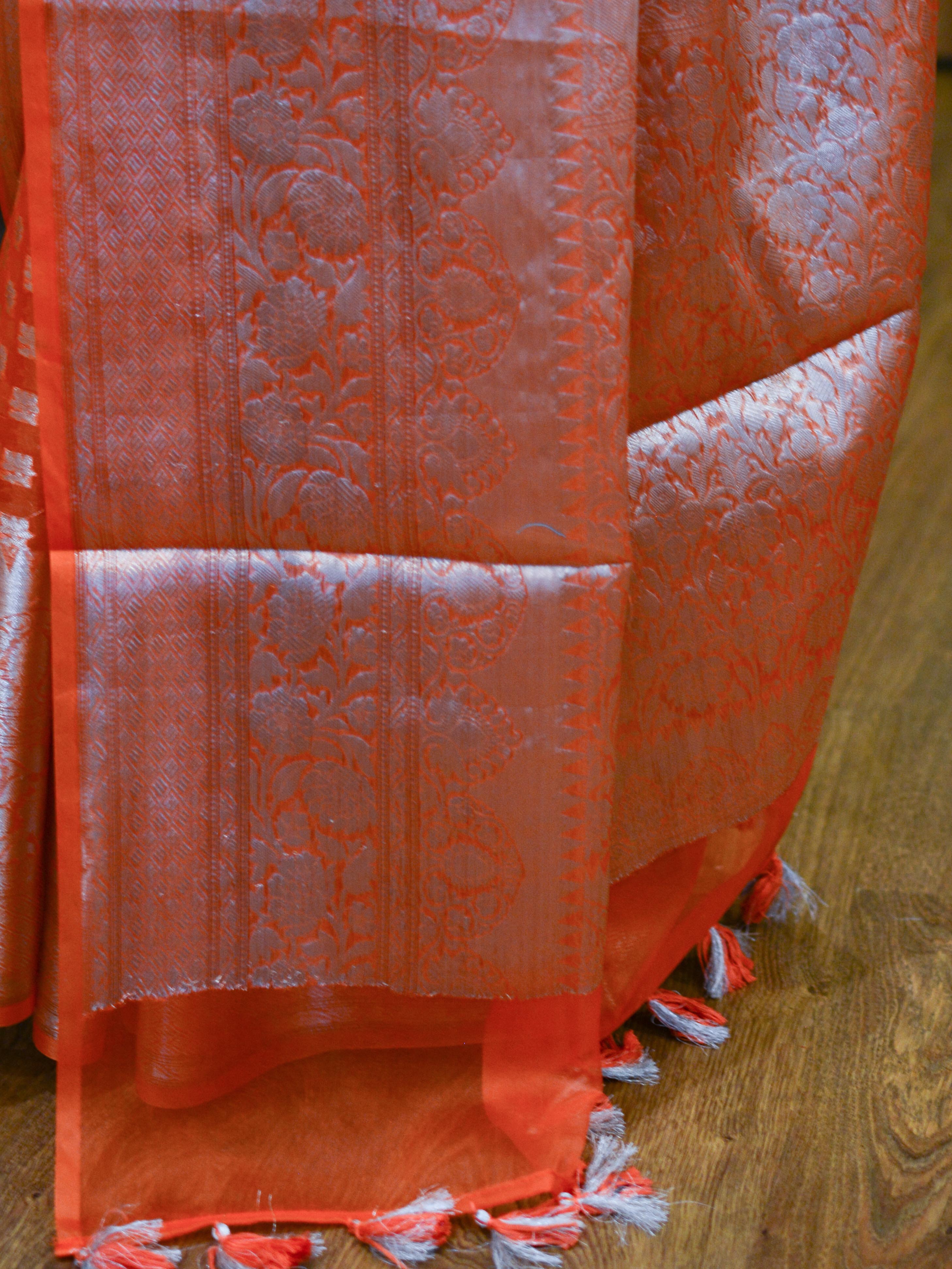 Banarasee Handwoven Semi-Chiffon Saree With Asharfi Buta & Broad Border-Peach