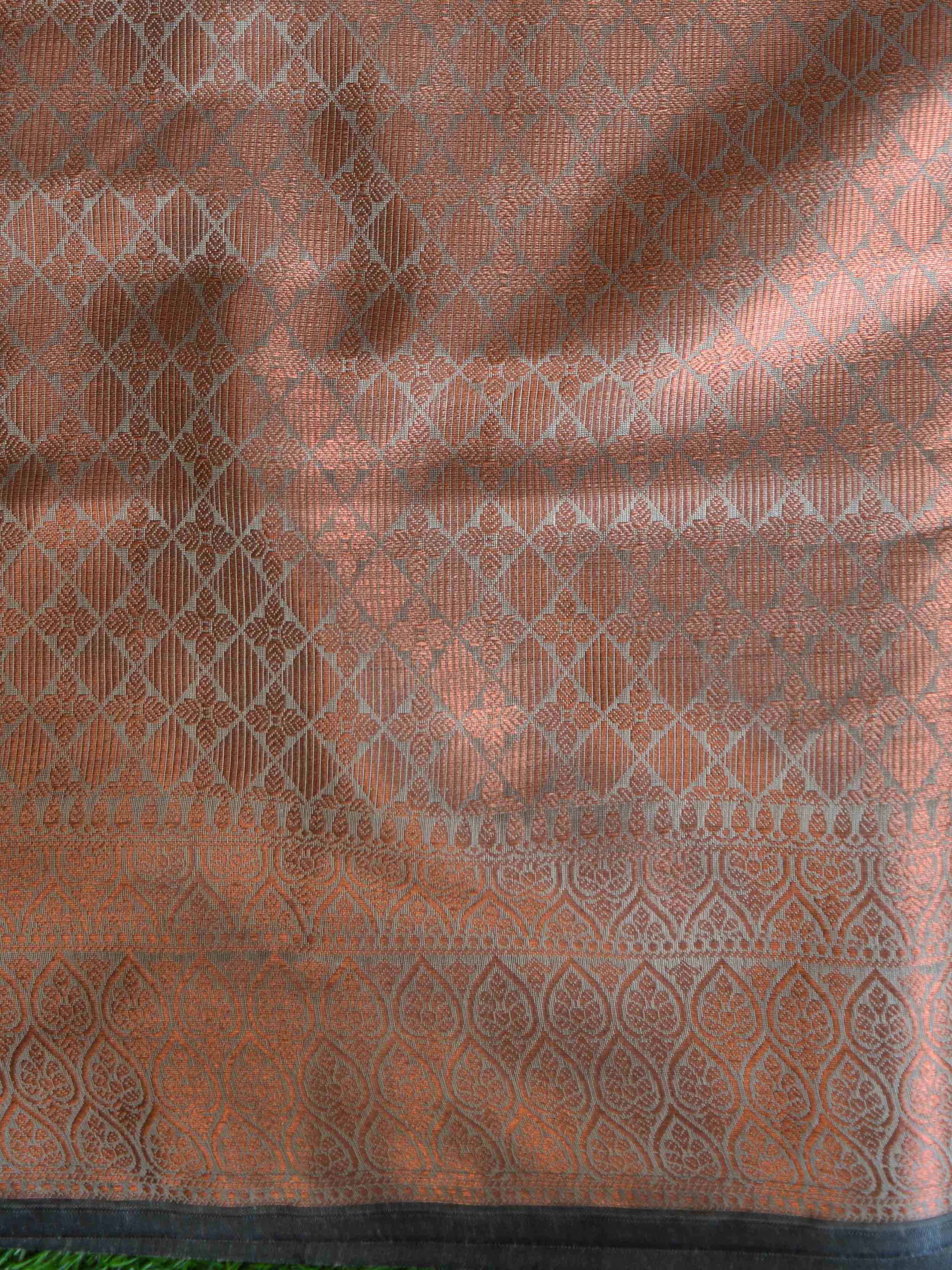 Banarasee Cotton Silk Saree With Copper Zari Buta & Border-Grey