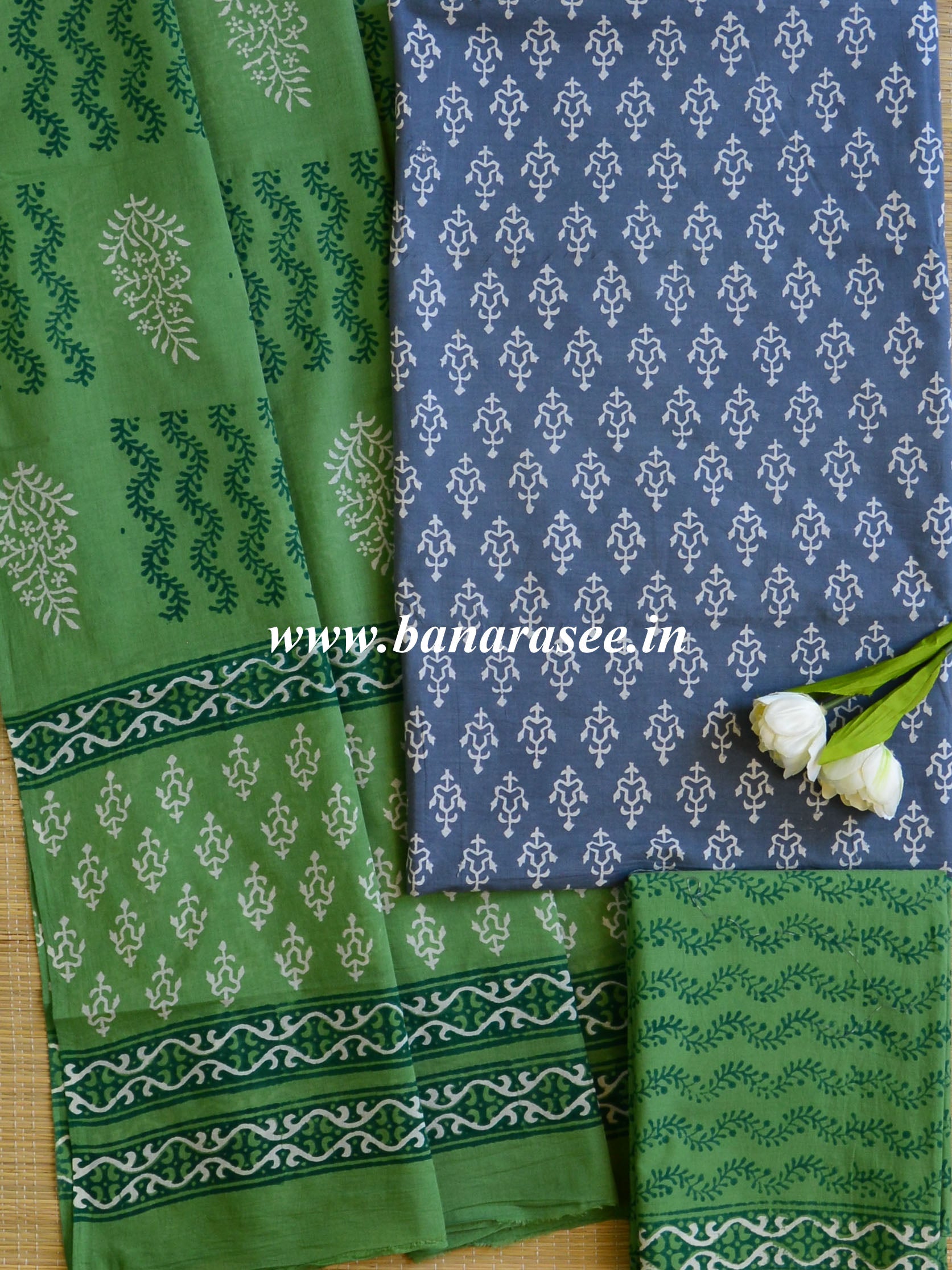 Handloom Mul Cotton Handblock Printed Suit Set-Blue & Green
