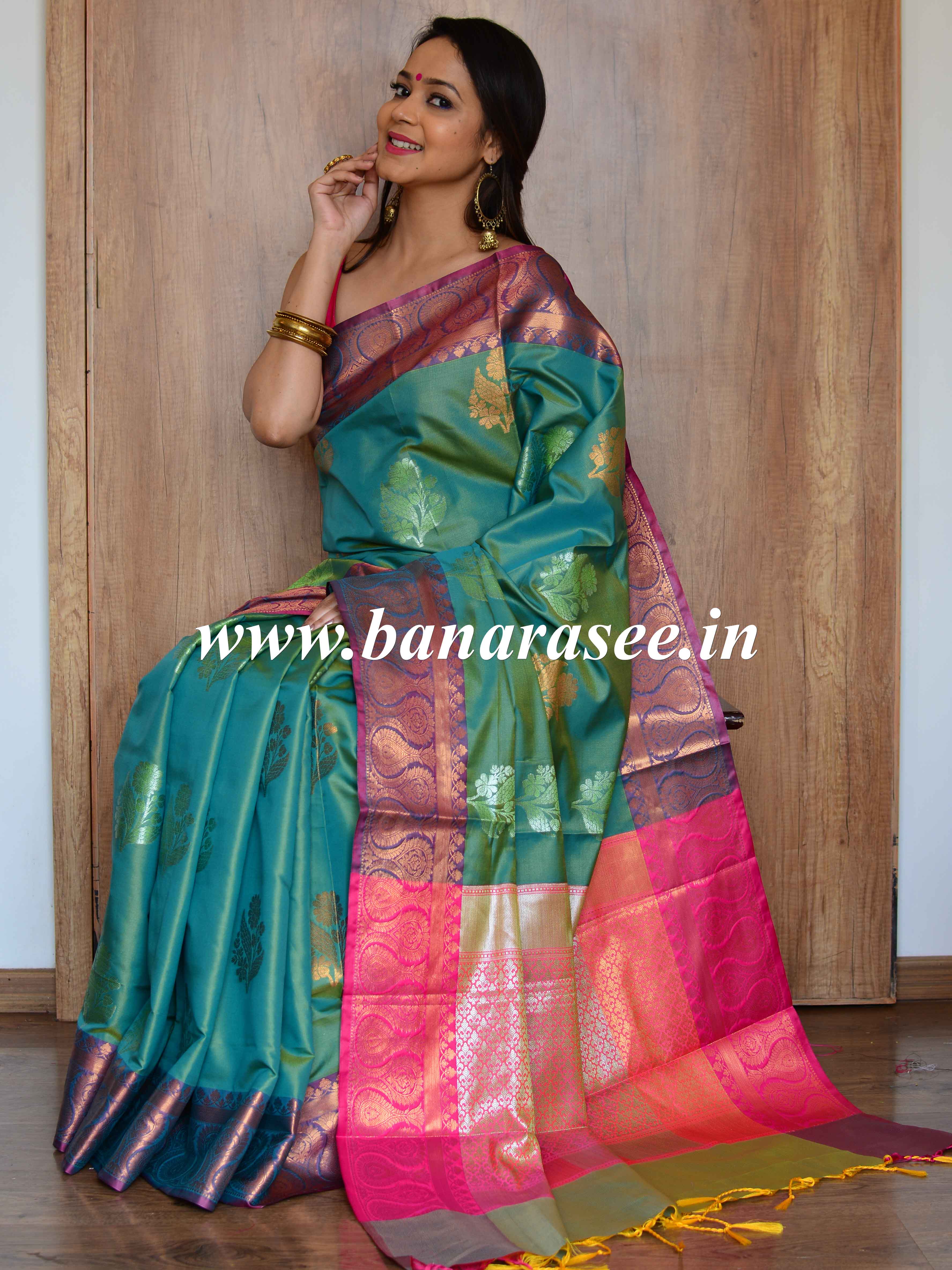 Banarasee Handloom Linen Silk Mix Antique Zari Buta Saree-Green