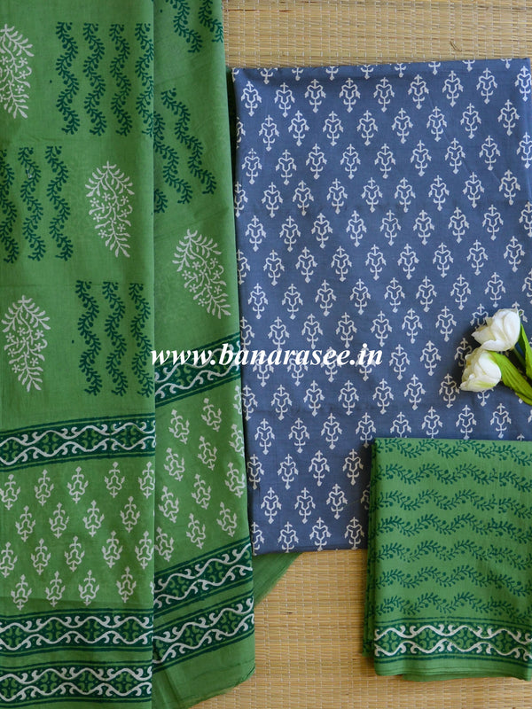 Handloom Mul Cotton Handblock Printed Suit Set-Blue & Green