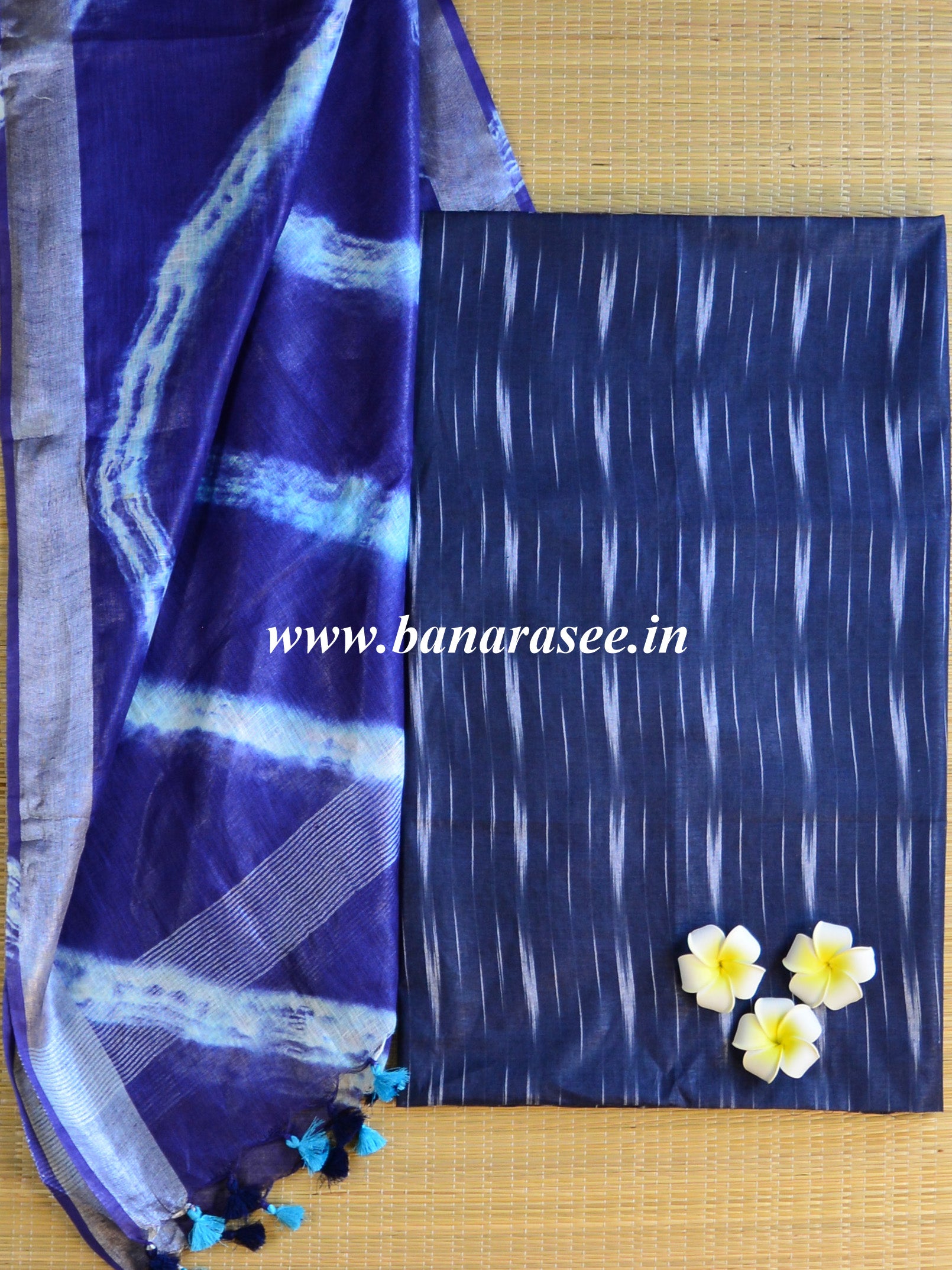 Bhagalpuri Pure Ikkat Kameez With Linen Cotton Shibori Dupatta-Blue