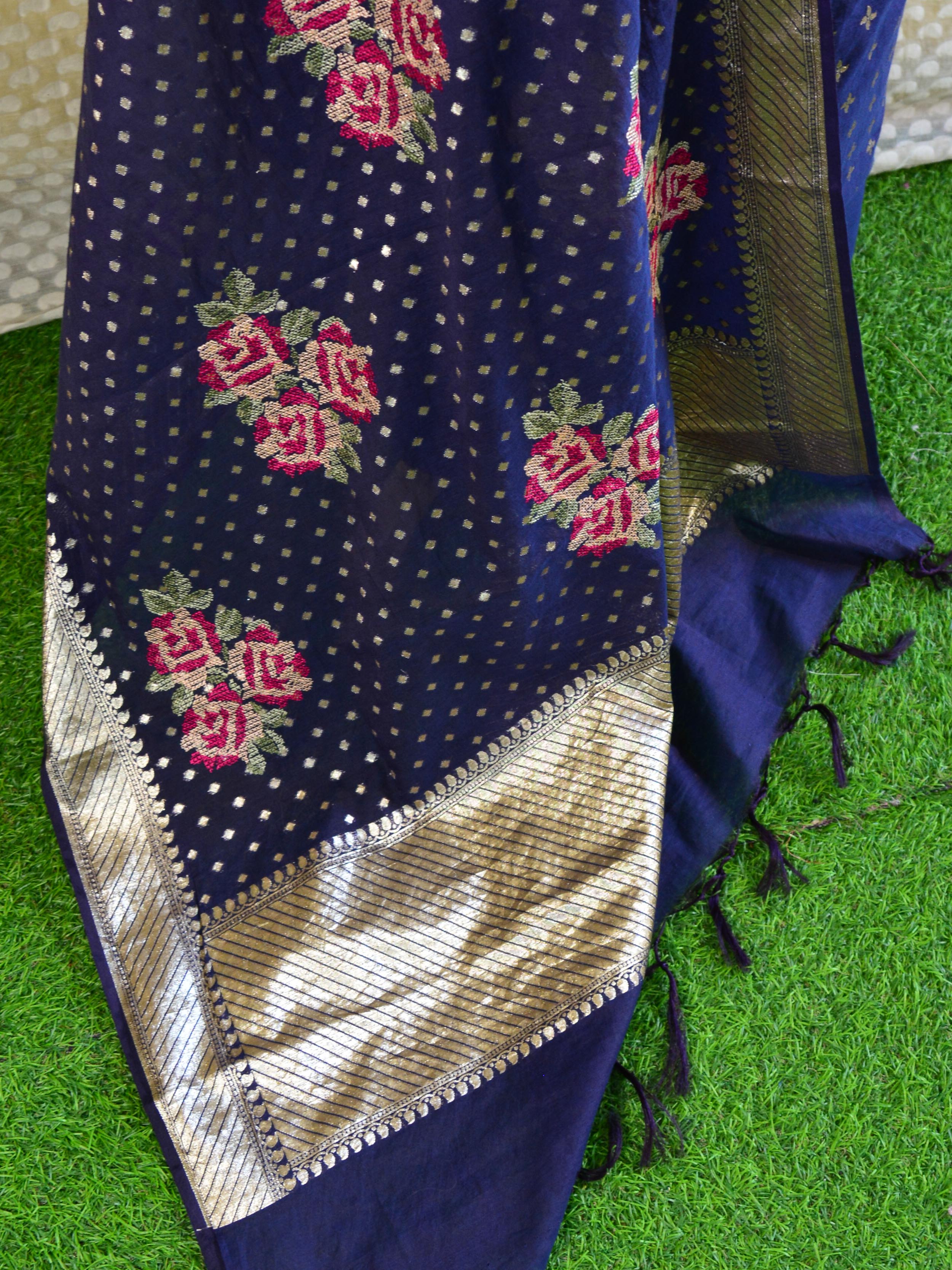 Banarasee Handloom Chanderi Cotton Zari Work Salwar Kameez With Embroidered Dupatta Set-Blue