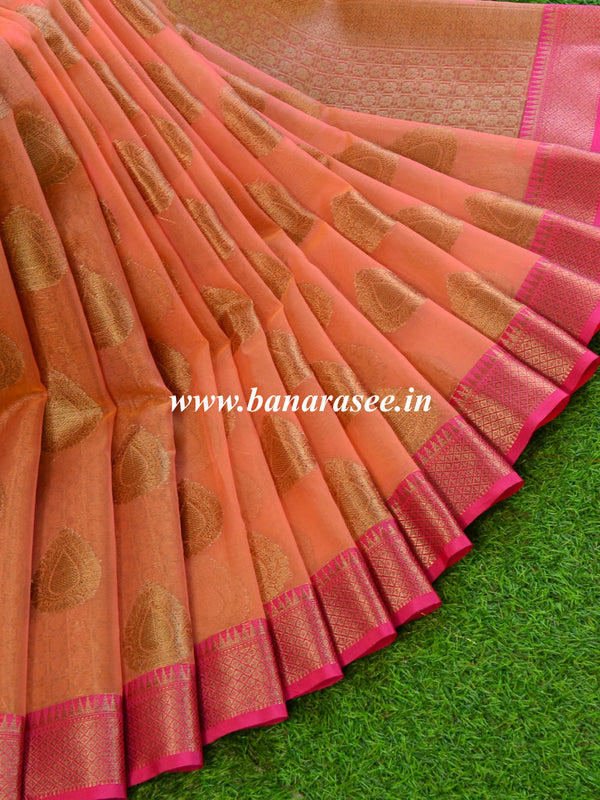 Banarasee Organza Mix Saree With Antique Zari Buta Border-Peach