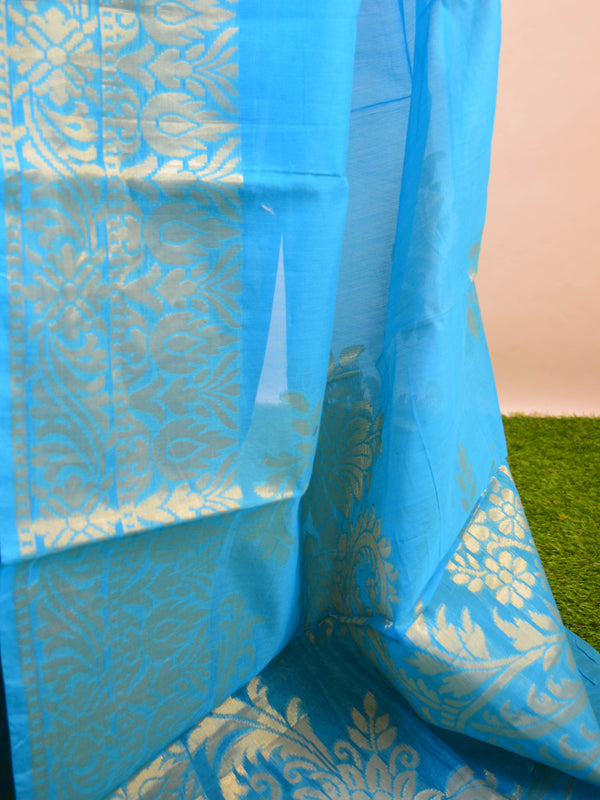 Banarasee Soft Silk Cotton Sari With Zari Border-Blue