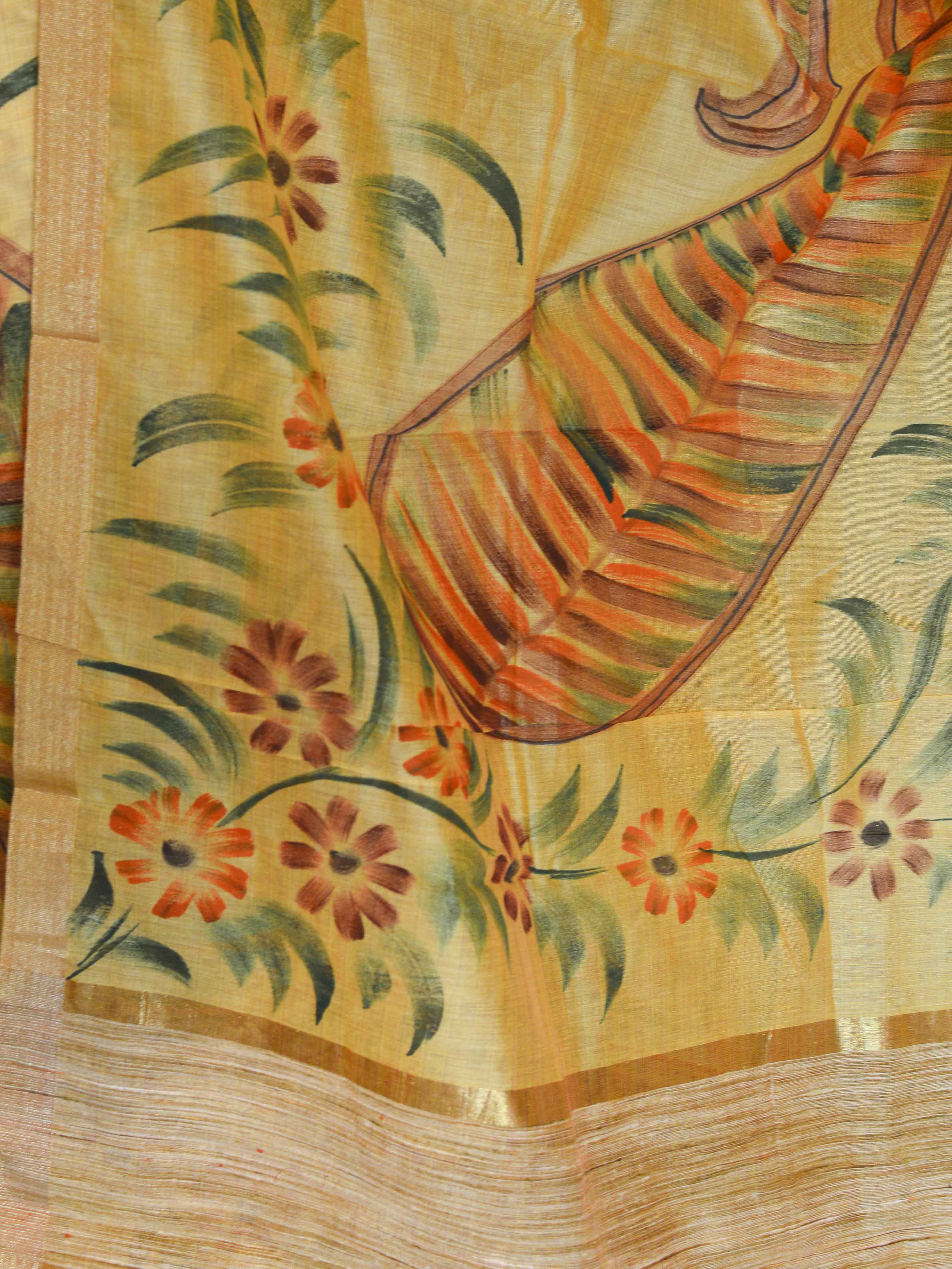 Banarasee Hand-Brush Painted Cotton Silk Salwar Kameez Fabric Dupatta-Yellow