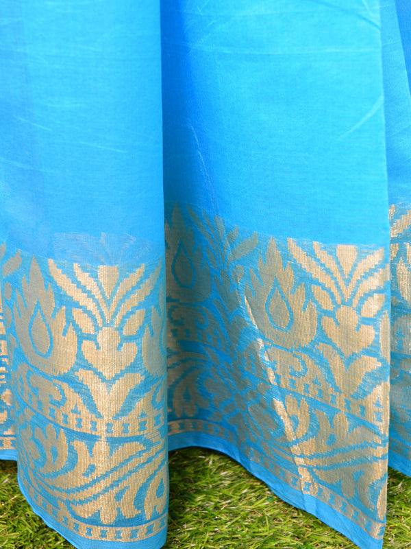 Banarasee Soft Silk Cotton Sari With Zari Border-Blue
