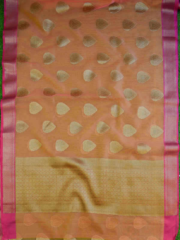 Banarasee Organza Mix Saree With Antique Zari Buta Border-Peach