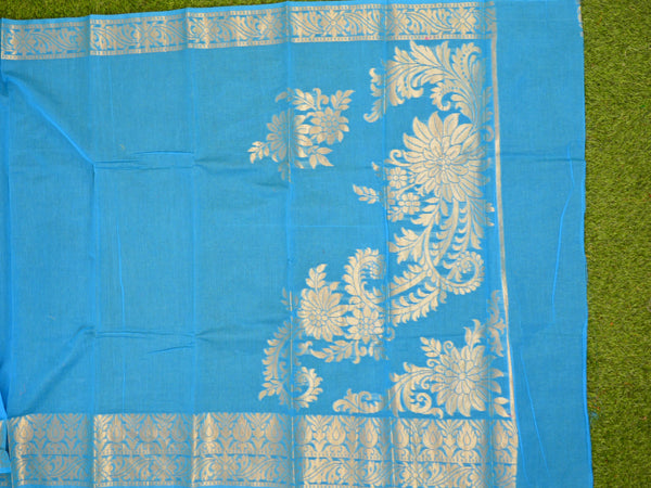 Banarasee Soft Silk Cotton Sari With Zari Border-Blue