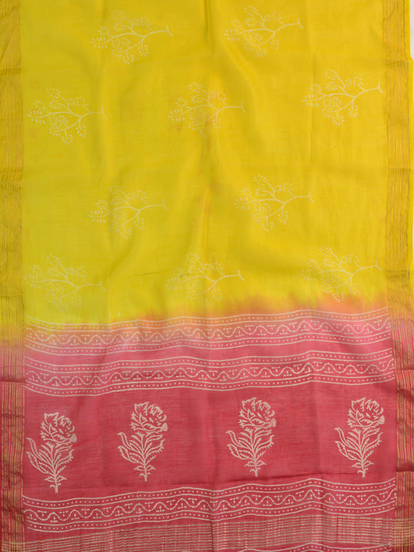 Handloom Mul Cotton Block Print Suit Set With Chanderi Dupatta-Red & Yellow