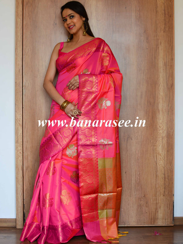 Banarasee Handloom Linen Silk Mix Antique Zari Buta Saree-Pink