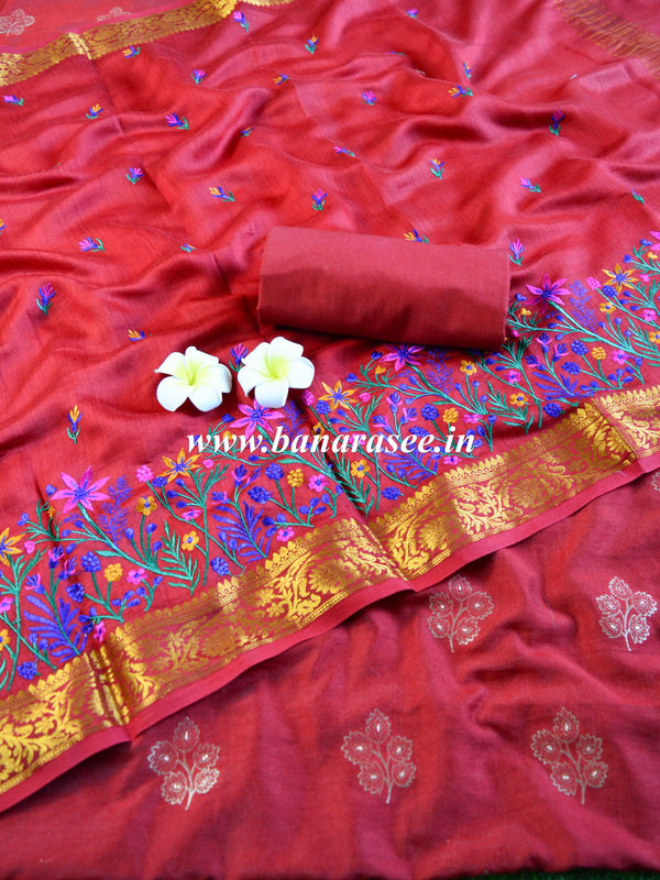 Banarasee Handwoven Zari motif Semi-Silk Salwar Kameez Fabric & Pure Silk Embroidered Dupatta-Maroon