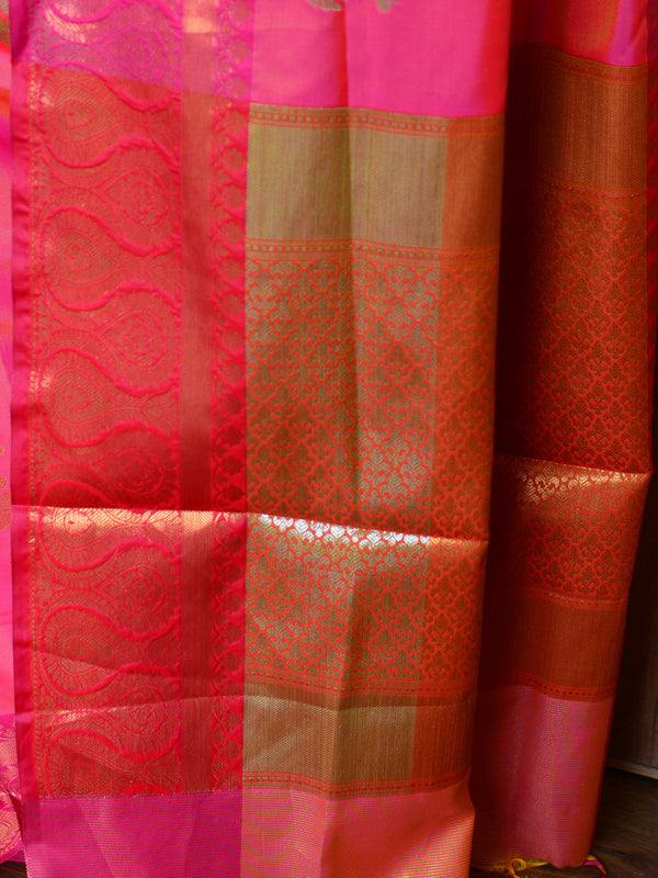Banarasee Handloom Linen Silk Mix Antique Zari Buta Saree-Pink