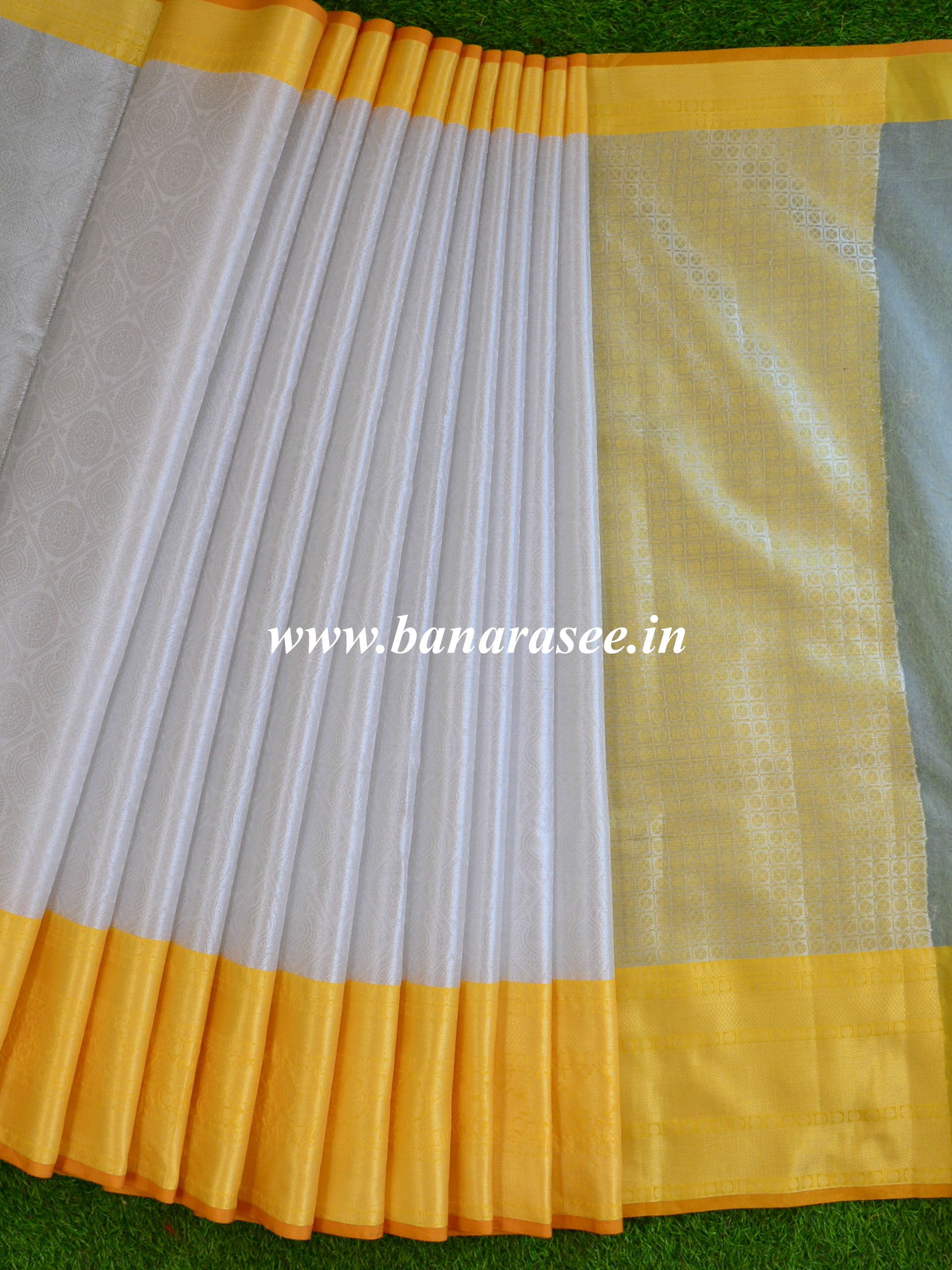 Banarasee Kora Muslin Saree With Tanchoi Weaving & Yellow Skirt Border-Silver