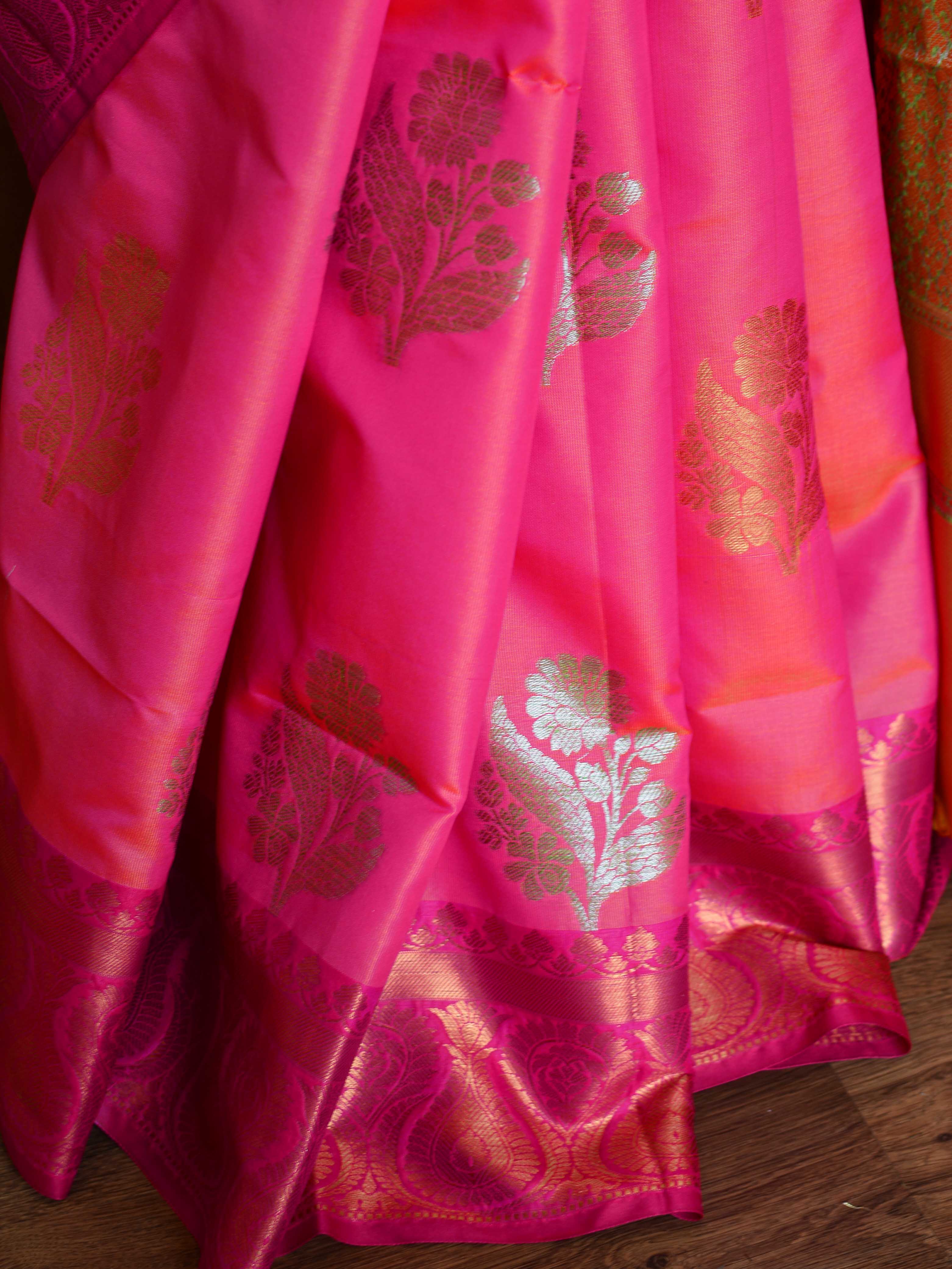 Banarasee Handloom Linen Silk Mix Antique Zari Buta Saree-Pink
