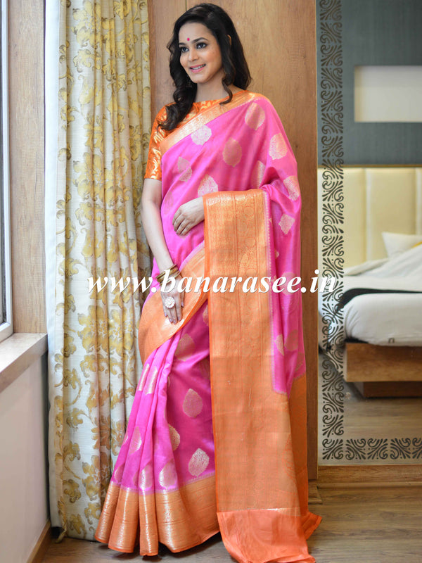 Banarasee Handwoven Pure Silk Cotton Saree With Antique Zari & & Border-Pink