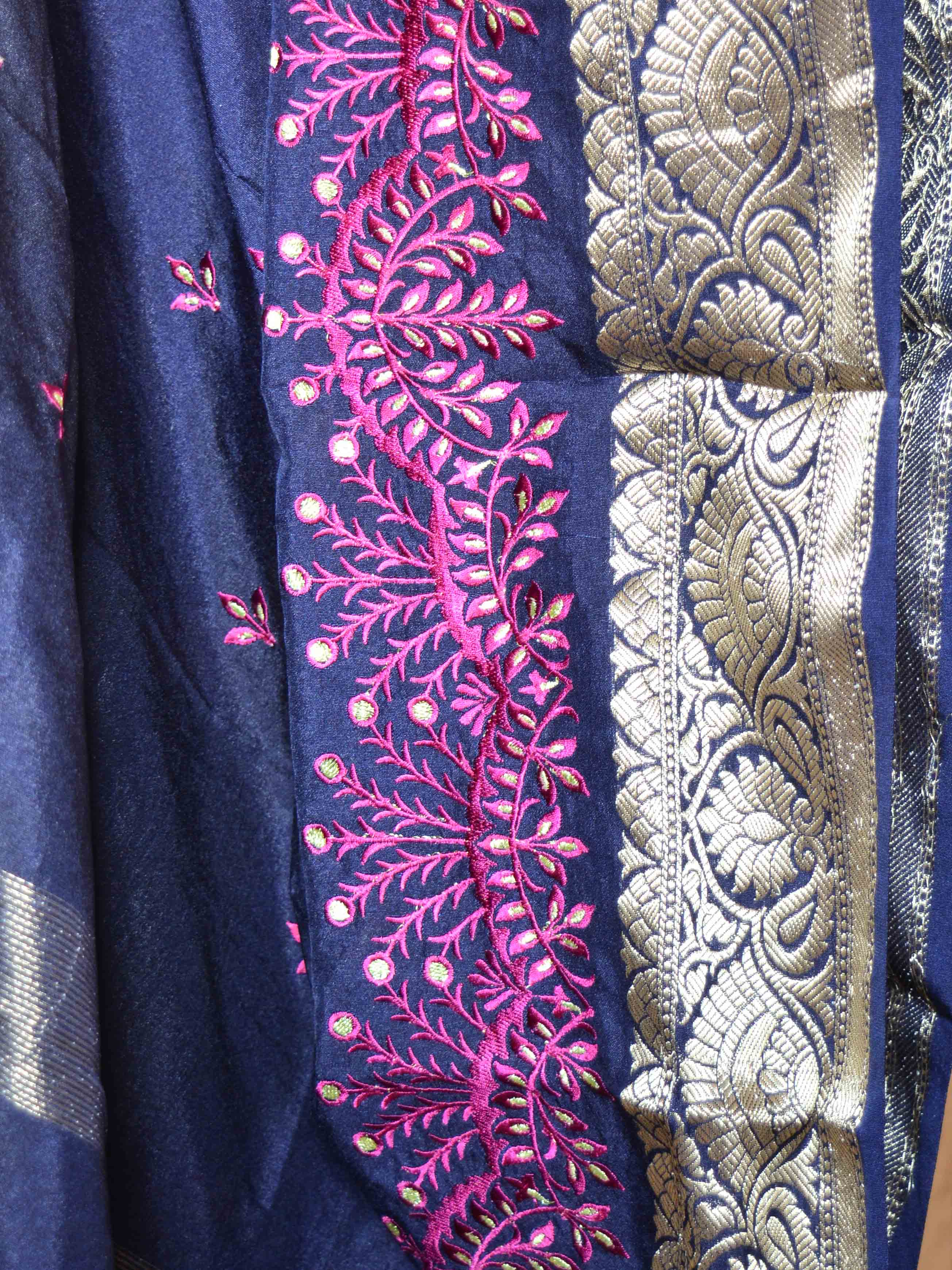Banarasee Art Silk Salwar Kameez Fabric With Embroidered Chanderi Dupatta-Blue