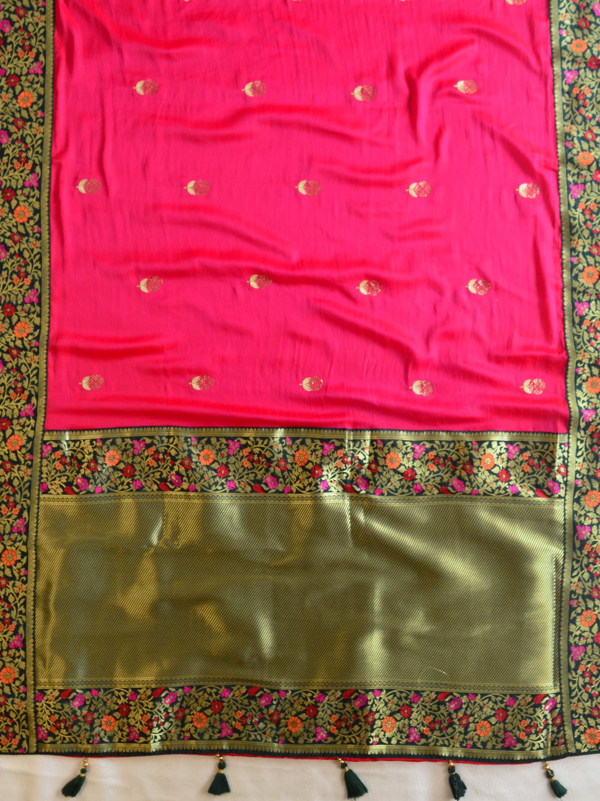 Banarasee Handwoven  Semi-Katan Zari Buta & Border With Contrast Embroidered Blouse-Pink
