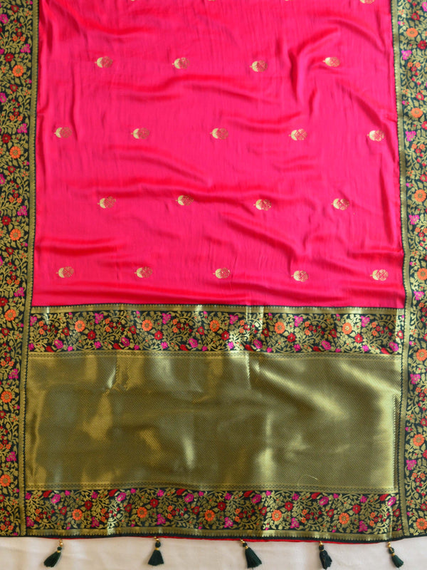 Banarasee Handwoven  Semi-Katan Zari Buta & Border With Contrast Embroidered Blouse-Pink
